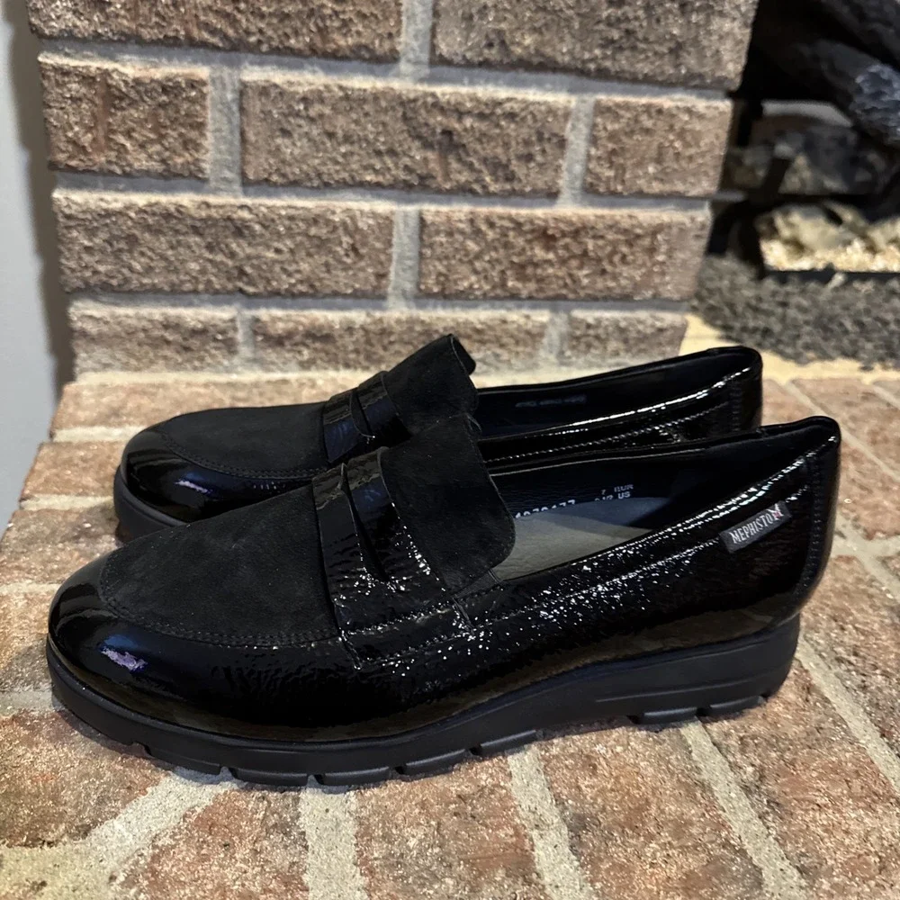 Memphisto Womens Black Carima Crinkle Patent Leather Penny Loafers Size 9.5 #356